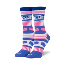 pez candy collector socks with oval-shaped pez logos and candy stripes in blue, pink, and white.   