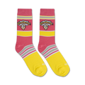 Flatlay showcasing a pair of pink and yellow striped Warheads socks.