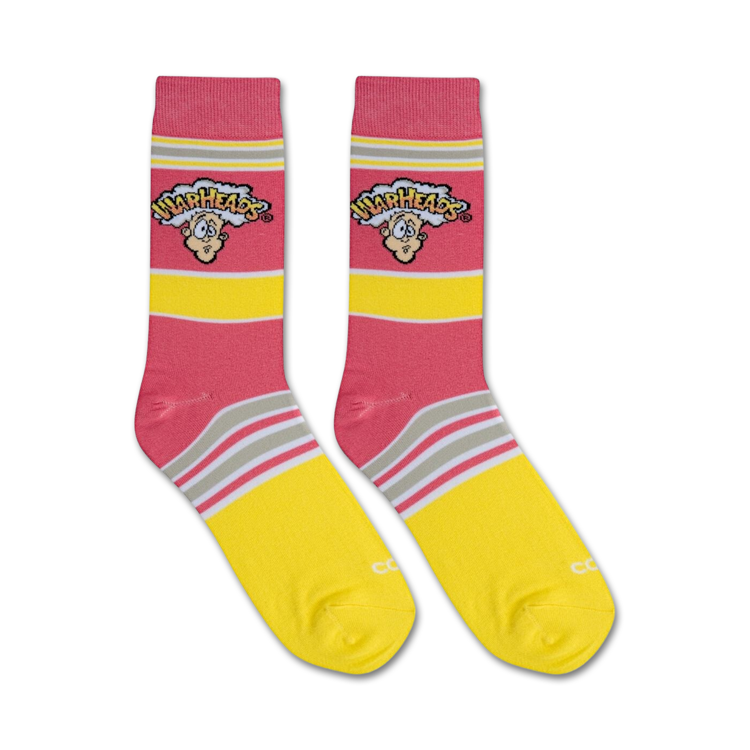 Flatlay showcasing a pair of pink and yellow striped Warheads socks.