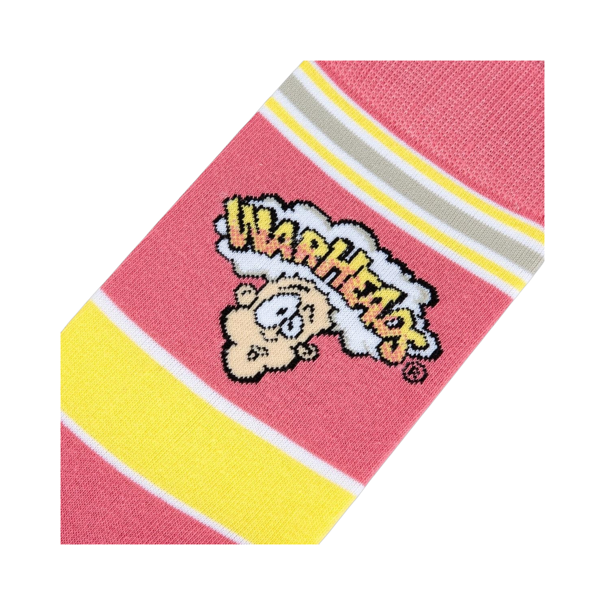 Close-up detail shot of the Warheads logo on the pink and yellow striped socks.