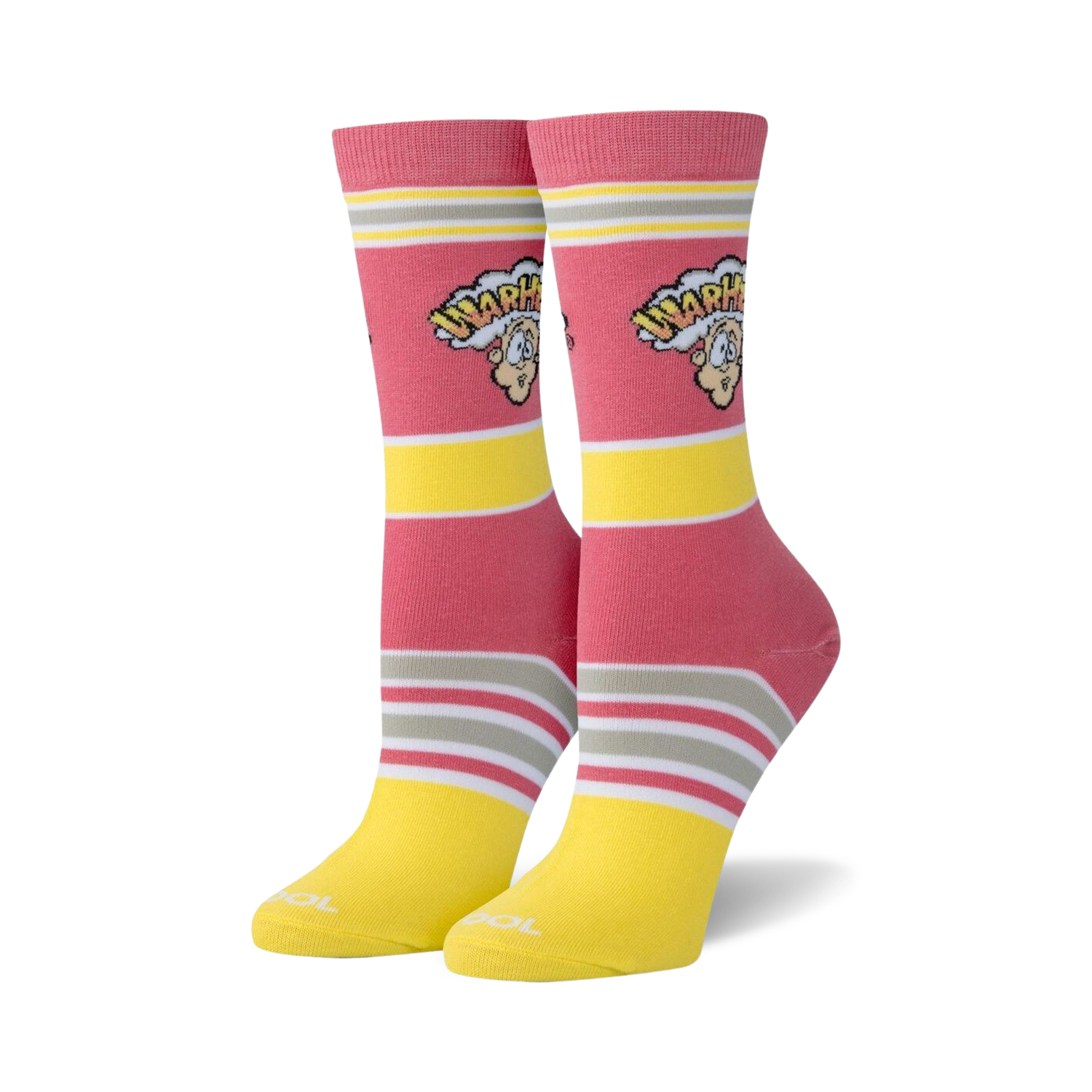 Pair of women's crew socks in pink and yellow stripes. The socks feature a retro Warheads logo with cartoon character.