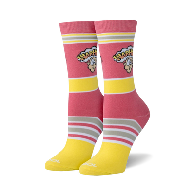 pink and yellow crew-length warhead candy socks with cartoon character and logo pattern.  