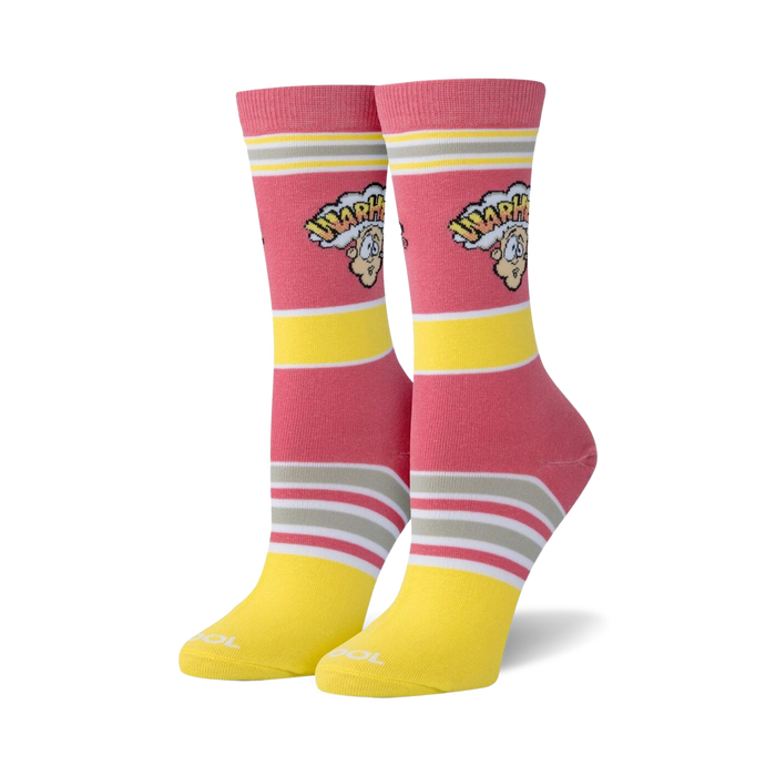 pink and yellow crew-length warhead candy socks with cartoon character and logo pattern.  