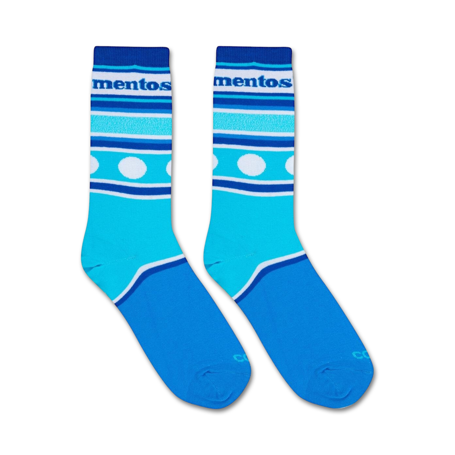 Flatlay image showcasing a pair of Mentos Stripes socks.  The full sock design is visible against a white background.