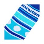 Close-up detail shot of the Mentos Stripes sock fabric, highlighting the stripes, polka dots, and Mentos logo.