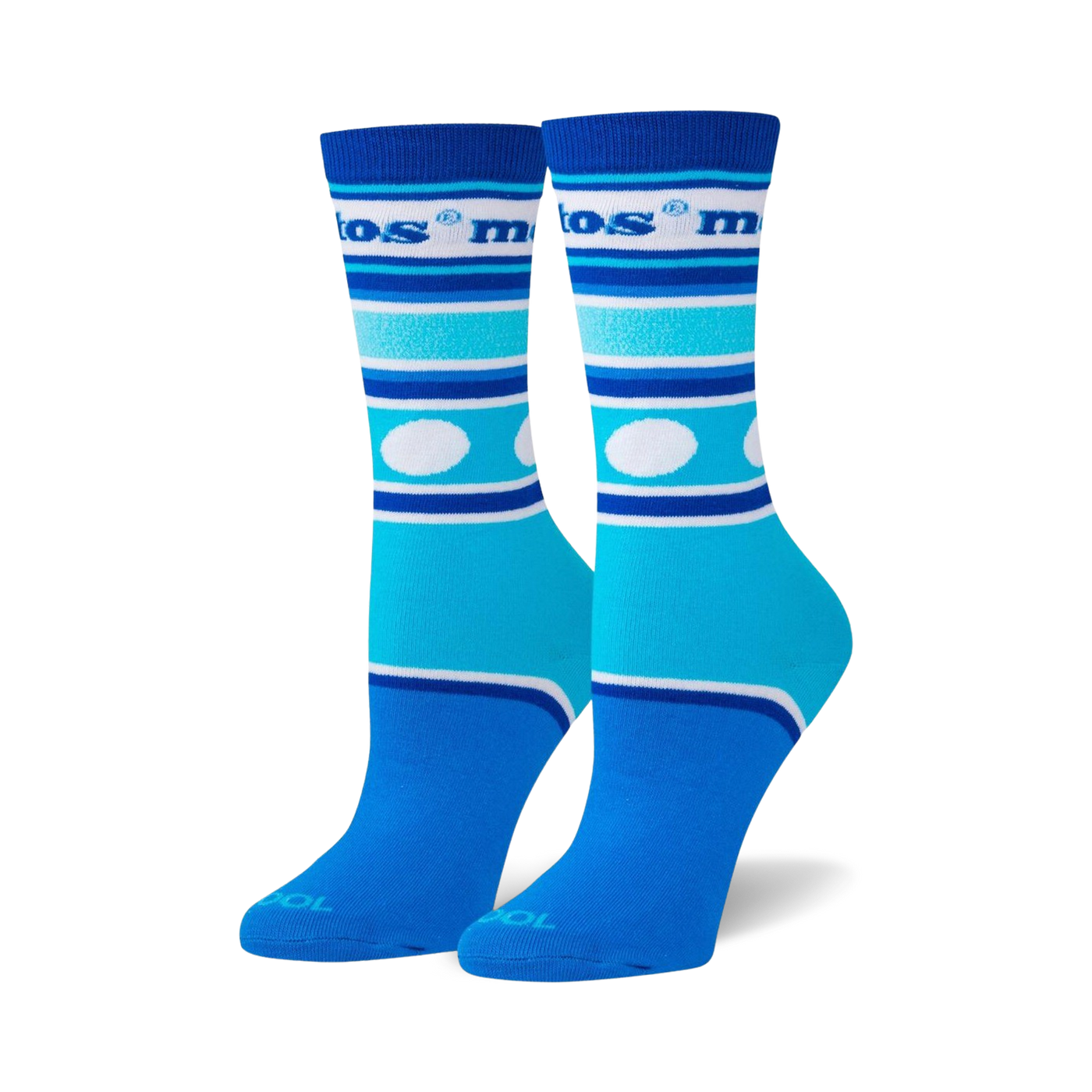Pair of Mentos Stripes crew socks in shades of blue and white. Features horizontal stripes, white polka dots, and the Mentos logo.