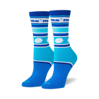 Pair of Mentos Stripes crew socks in shades of blue and white. Features horizontal stripes, white polka dots, and the Mentos logo.