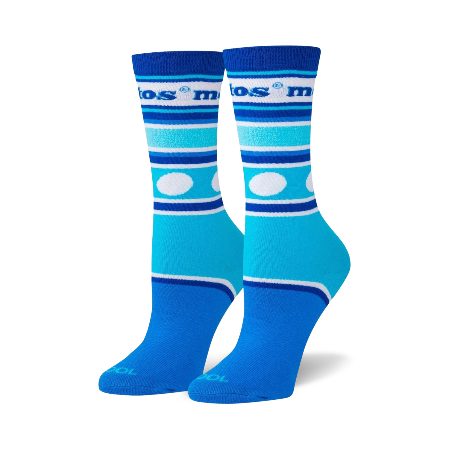 Pair of Mentos Stripes crew socks in shades of blue and white. Features horizontal stripes, white polka dots, and the Mentos logo.