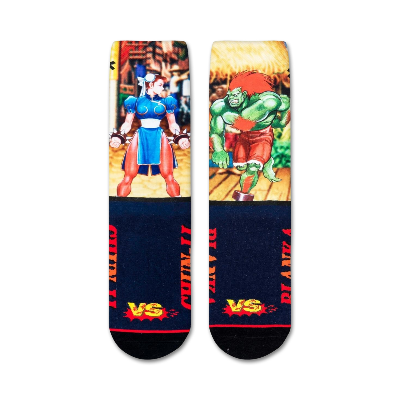 Flatlay showcasing the Street Fighter Chun-Li vs. Blanka crew socks, highlighting the full design.