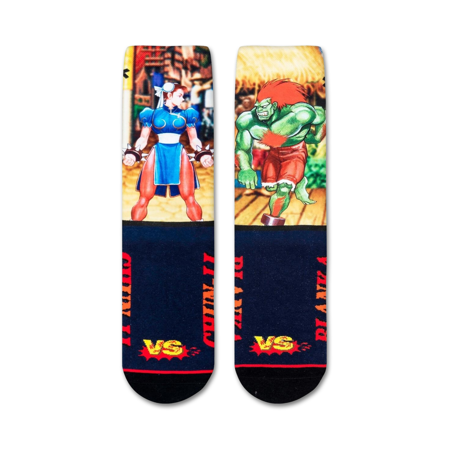Flatlay showcasing the Street Fighter Chun-Li vs. Blanka crew socks, highlighting the full design.