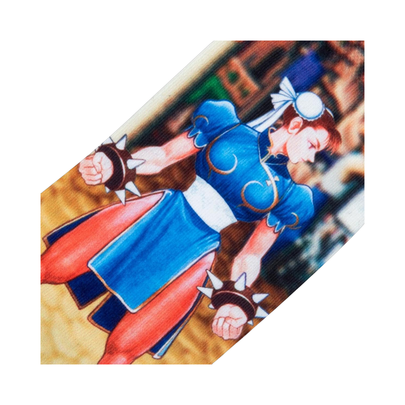 Close-up detail shot of Chun-Li's illustration on the Street Fighter themed socks.