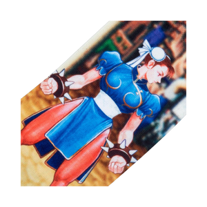 Close-up detail shot of Chun-Li's illustration on the Street Fighter themed socks.
