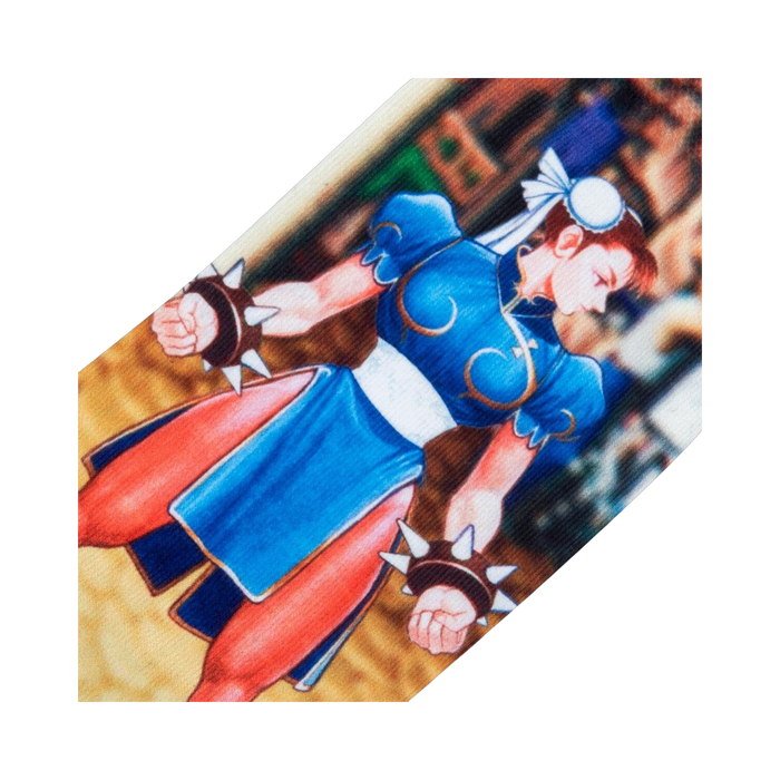 Close-up detail shot of Chun-Li's illustration on the Street Fighter themed socks.