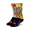 Crew socks featuring Chun-Li and Blanka from Street Fighter.  Blue, red, and green pixel art designs on a navy blue background.
