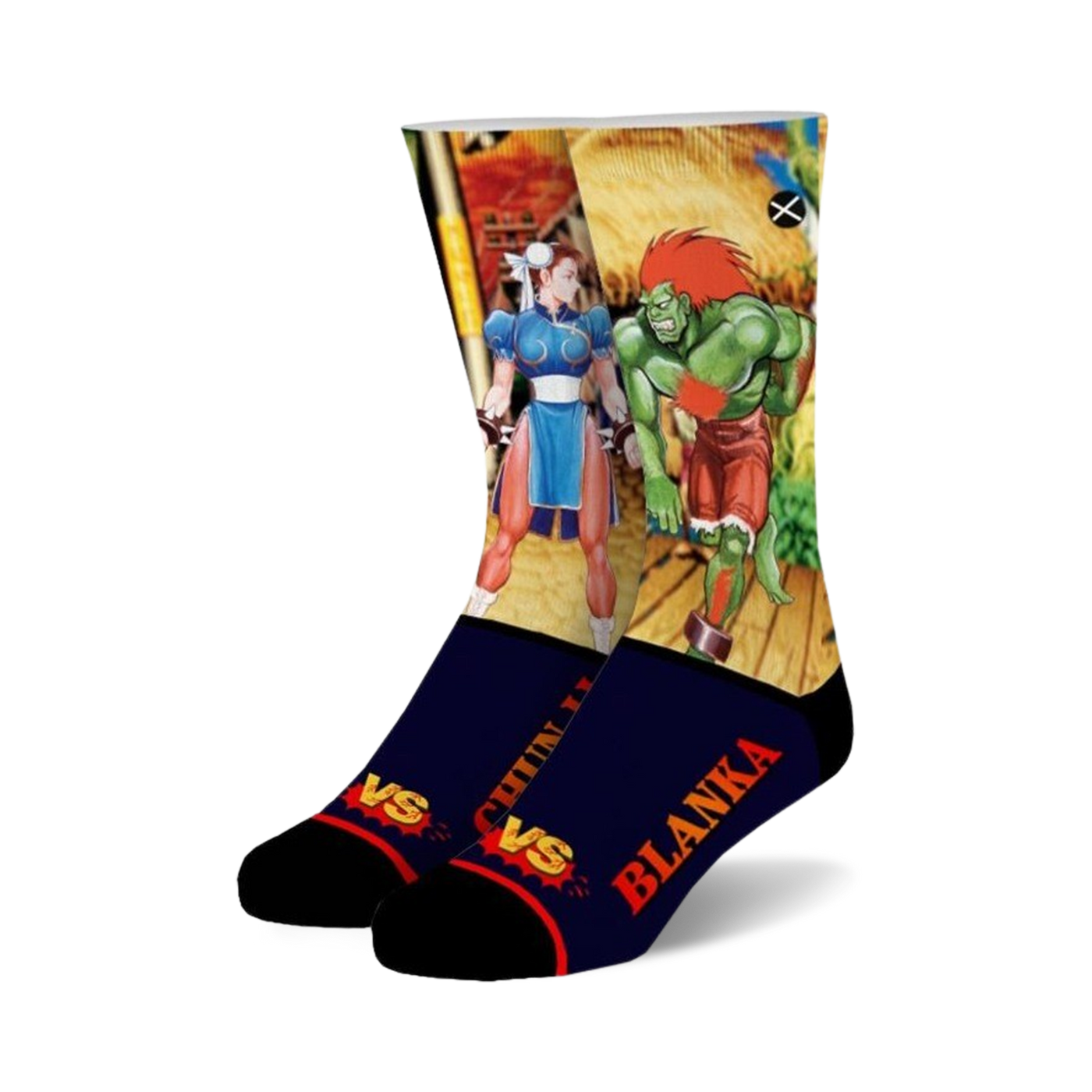 Crew socks featuring Chun-Li and Blanka from Street Fighter.  Blue, red, and green pixel art designs on a navy blue background.