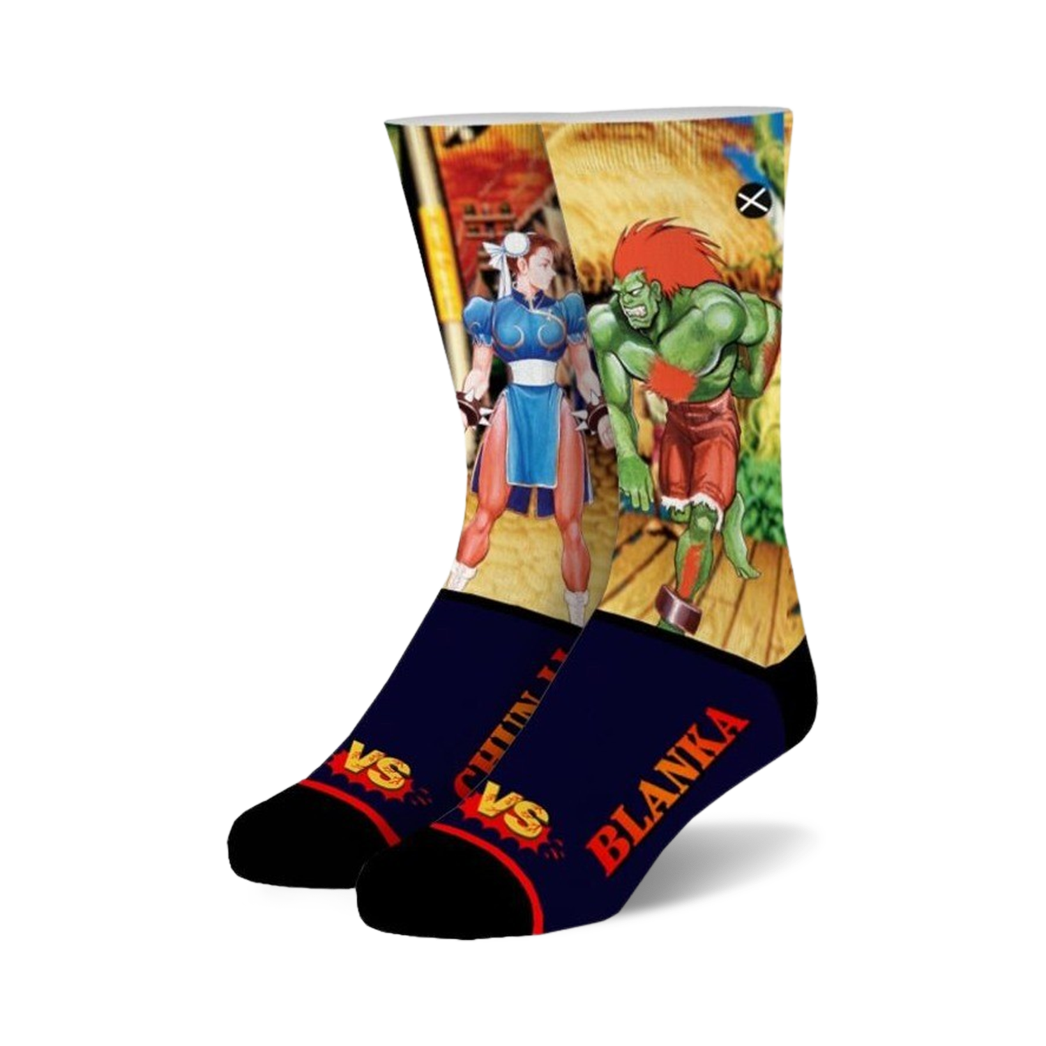 Crew socks featuring Chun-Li and Blanka from Street Fighter.  Blue, red, and green pixel art designs on a navy blue background.