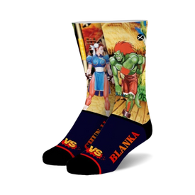 black novelty socks with chun-li and blanka from street fighter video game. suitable for men and women. crew length.  