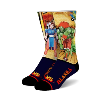 black novelty socks with chun-li and blanka from street fighter video game. suitable for men and women. crew length.  