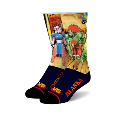 black novelty socks with chun-li and blanka from street fighter video game. suitable for men and women. crew length.  