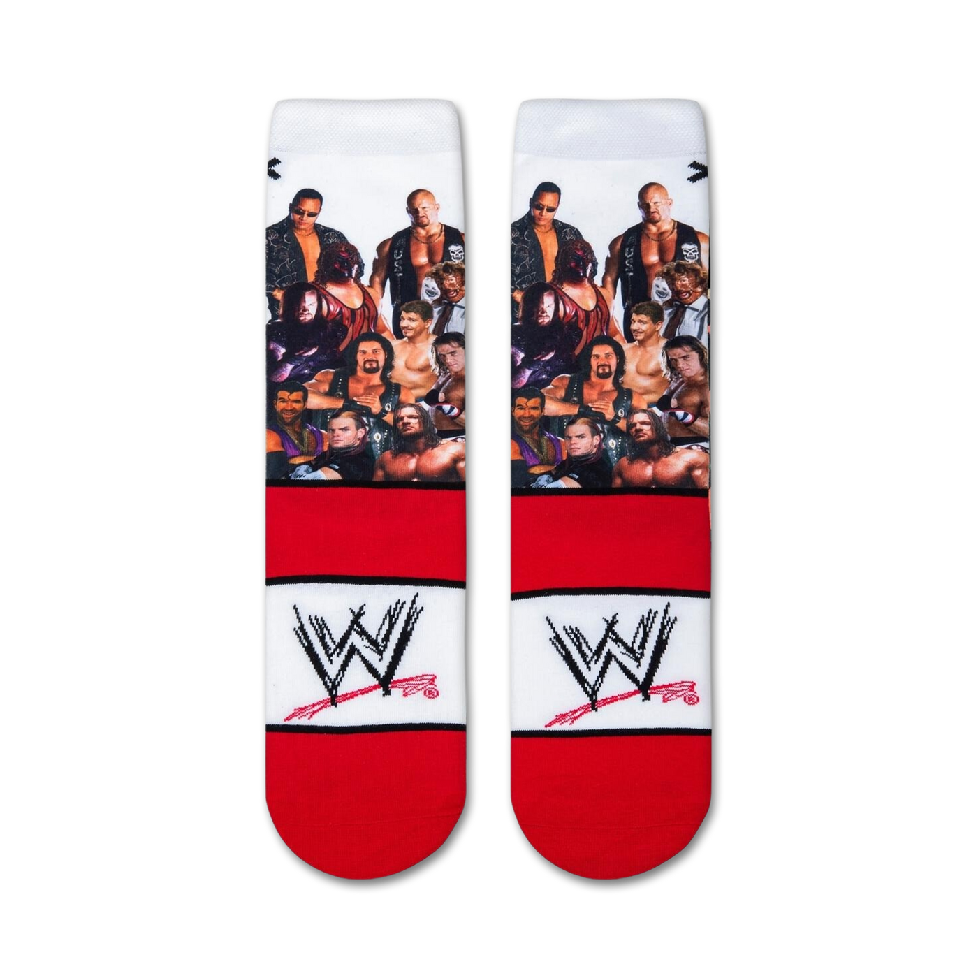 Close-up of Attitude Era wrestling socks showing the detail of the wrestler images and WWE logo.