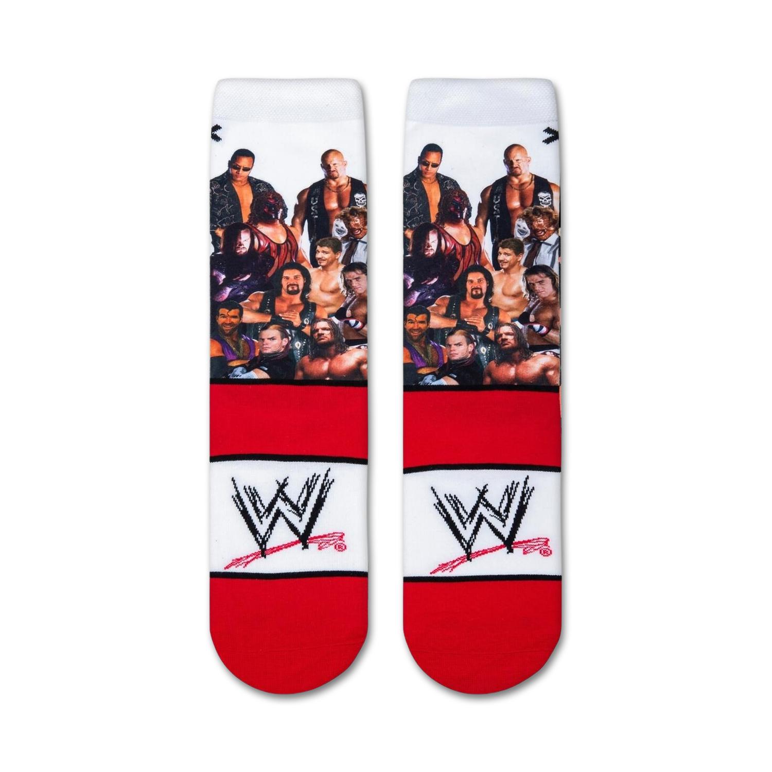 Close-up of Attitude Era wrestling socks showing the detail of the wrestler images and WWE logo.