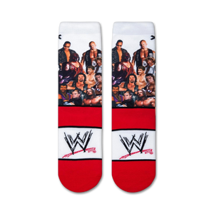 A pair of white socks with a red stripe at the top and bottom and a repeating pattern of headshots of professional wrestlers from the 1990s.