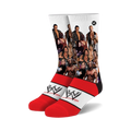 Crew socks with a white background featuring various WWF wrestlers and the WWE logo on red stripes. 