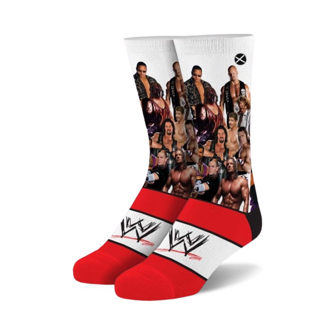 Crew socks with a white background featuring various WWF wrestlers and the WWE logo on red stripes. 