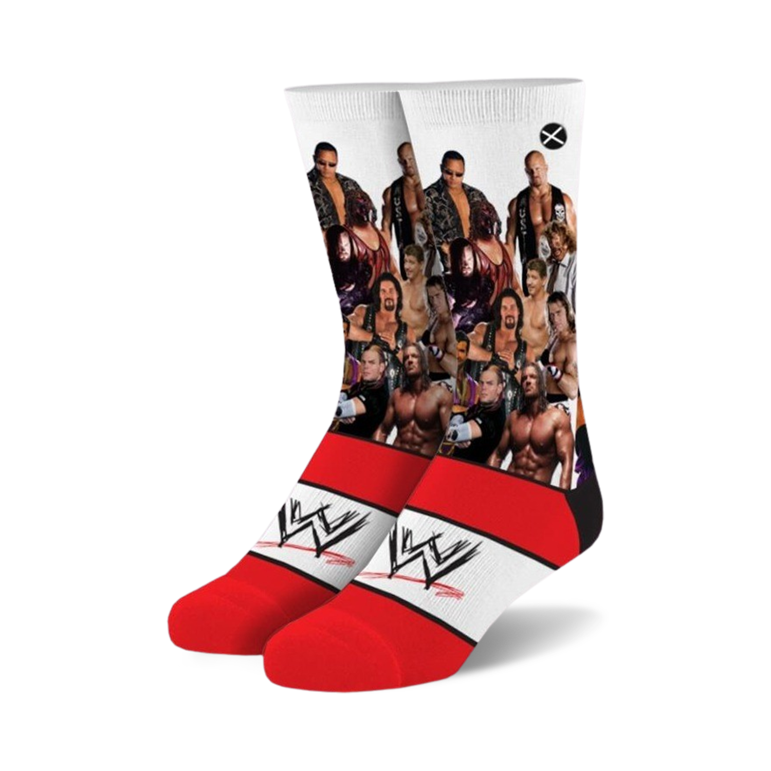 Crew socks with a white background featuring various WWF wrestlers and the WWE logo on red stripes. 