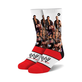 world wrestling federation's attitude era superstars featured on multicolored men's and women's crew socks.  