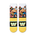 Close-up view of the WWE Legends socks, highlighting the detailed wrestler images and yellow and black stripes.