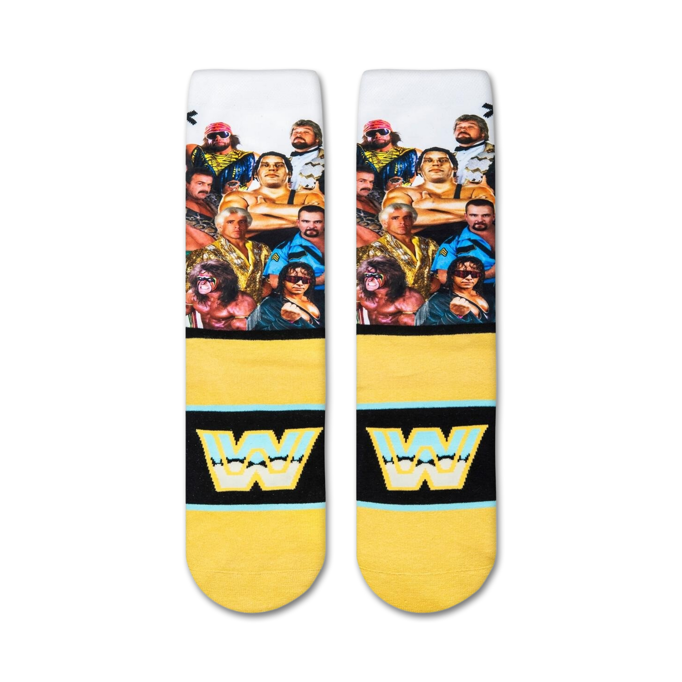 Close-up view of the WWE Legends socks, highlighting the detailed wrestler images and yellow and black stripes.