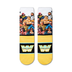 Close-up view of the WWE Legends socks, highlighting the detailed wrestler images and yellow and black stripes.