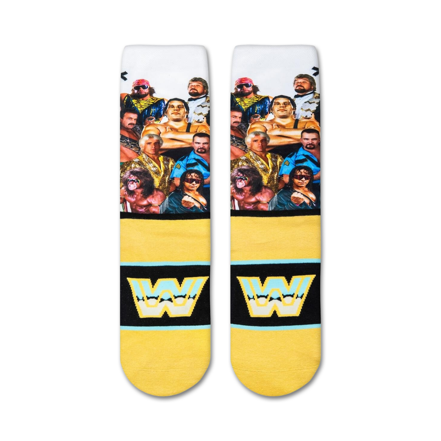 Close-up view of the WWE Legends socks, highlighting the detailed wrestler images and yellow and black stripes.