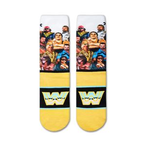 A pair of white socks with a pattern of wrestlers from the 1980s and 1990s on them. The socks have yellow cuffs with the letter 