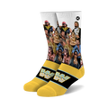 Crew socks showcasing a collage of famous WWE wrestlers.  Predominantly white with yellow accents and the WWE logo.