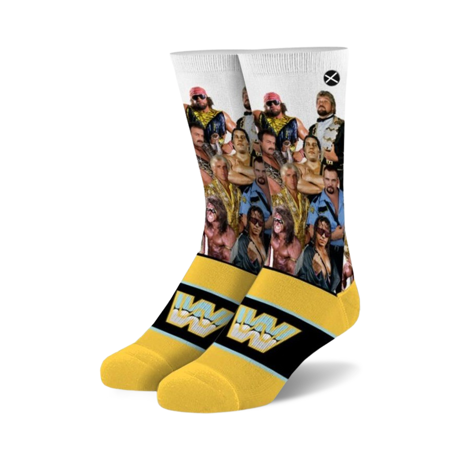 Crew socks showcasing a collage of famous WWE wrestlers.  Predominantly white with yellow accents and the WWE logo.