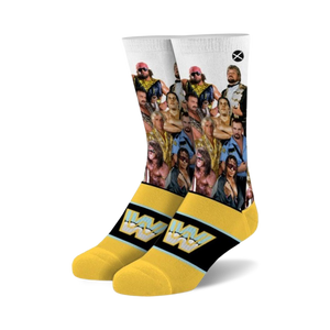 white socks feature action poses of male professional wrestlers from the 80s and 90s on white background. yellow heel and toe. black and yellow striped cuff. crew socks for men and women.  