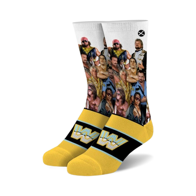 white socks feature action poses of male professional wrestlers from the 80s and 90s on white background. yellow heel and toe. black and yellow striped cuff. crew socks for men and women.  