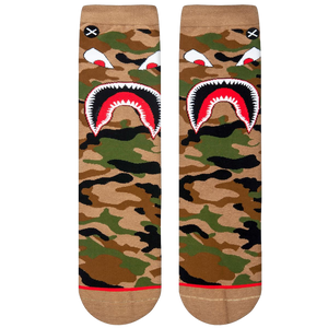Flatlay showcasing a pair of Warplane Camo socks, highlighting the sock's design and color details.