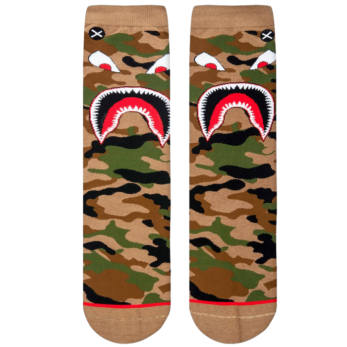 Flatlay showcasing a pair of Warplane Camo socks, highlighting the sock's design and color details.
