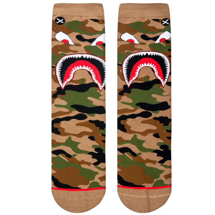 Pair of warplane camo crew socks laid flat, showing the full shark mouth design on both socks.