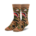Pair of crew socks in tan, green, and black camouflage pattern.  A large shark mouth graphic is featured prominently.