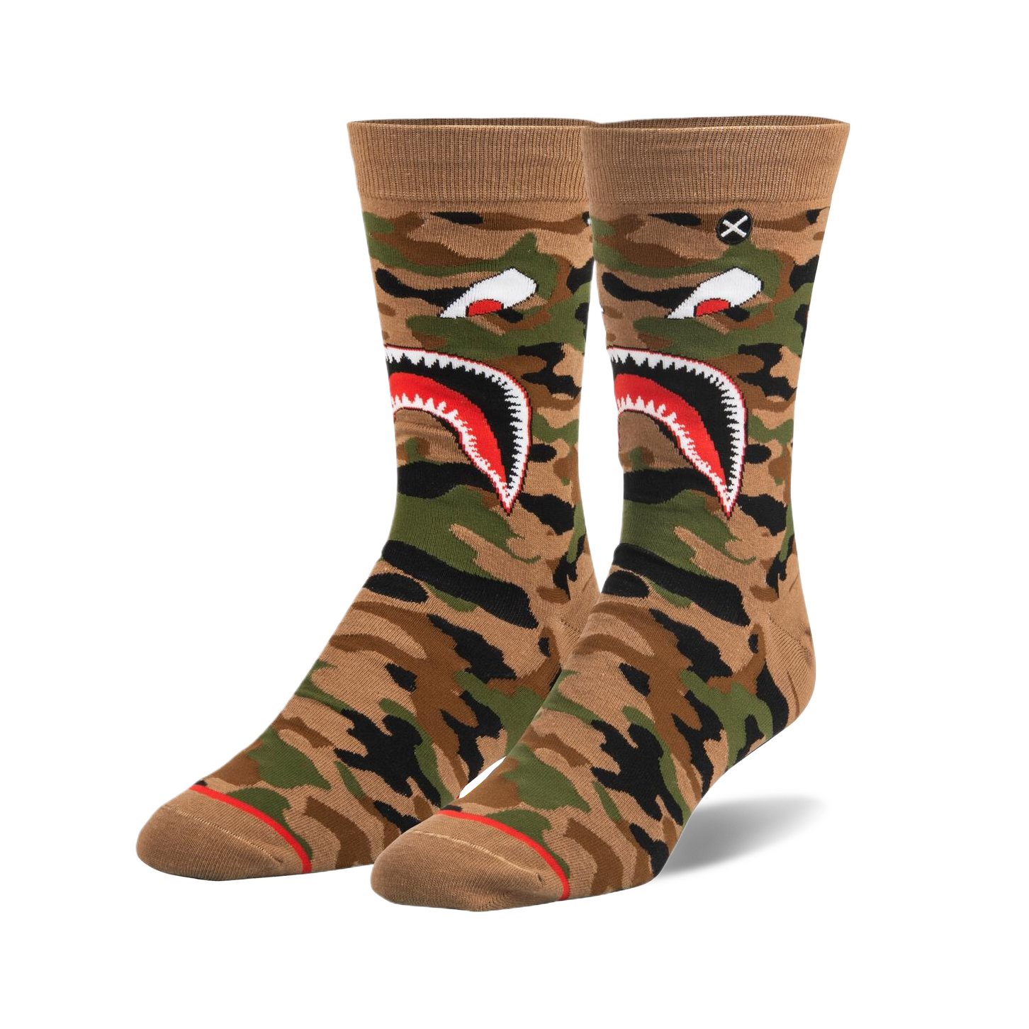 Pair of crew socks in tan, green, and black camouflage pattern.  A large shark mouth graphic is featured prominently.