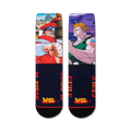 Pair of Street Fighter M. Bison vs. Guile socks shown on a white background.