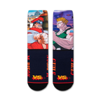 Pair of Street Fighter M. Bison vs. Guile socks shown on a white background.