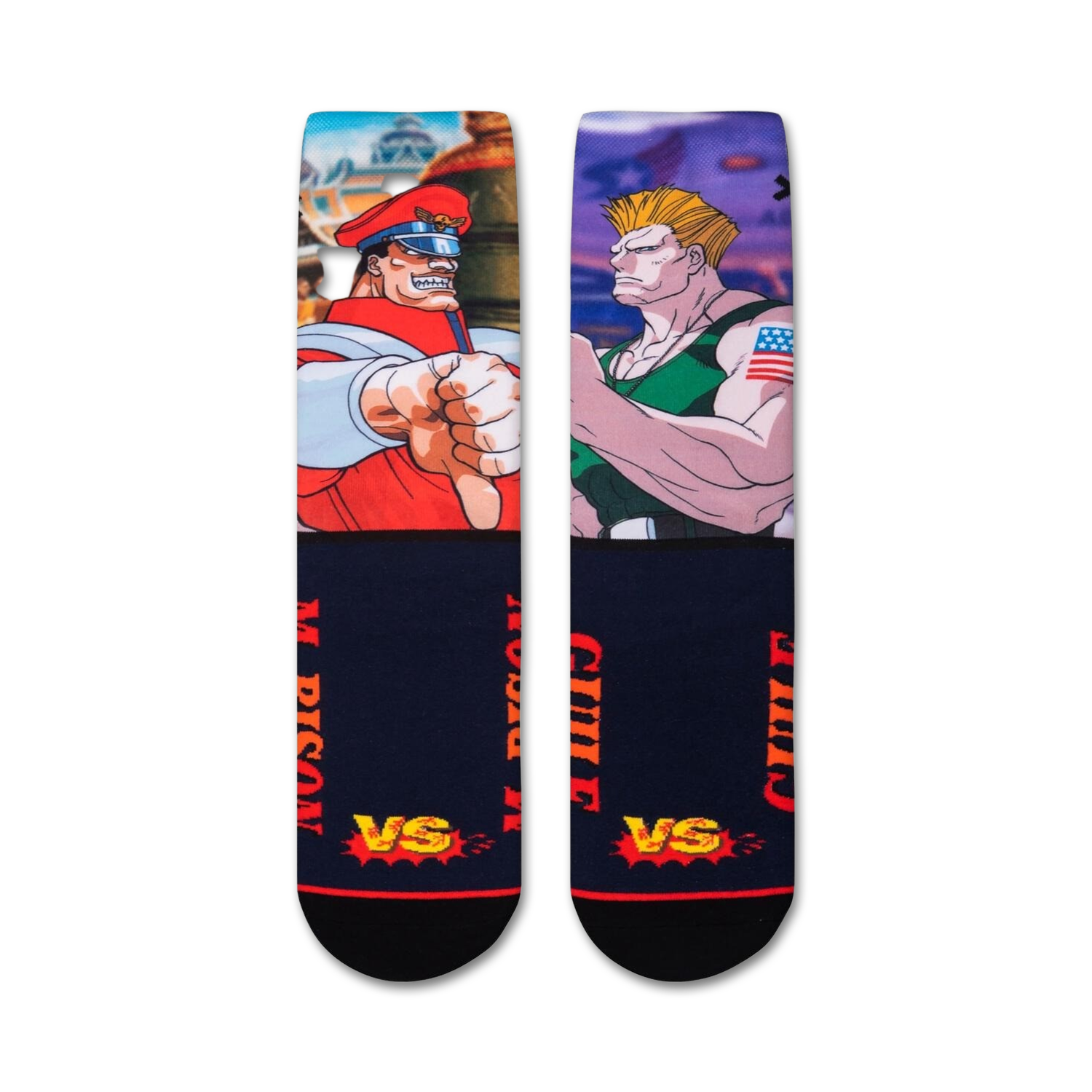 Pair of Street Fighter M. Bison vs. Guile socks shown on a white background.