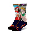 Crew socks showcasing Street Fighter's M. Bison and Guile in vibrant red, green, and navy blue.  Pixel art design with the characters facing off.