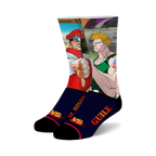 Crew socks showcasing Street Fighter's M. Bison and Guile in vibrant red, green, and navy blue.  Pixel art design with the characters facing off.