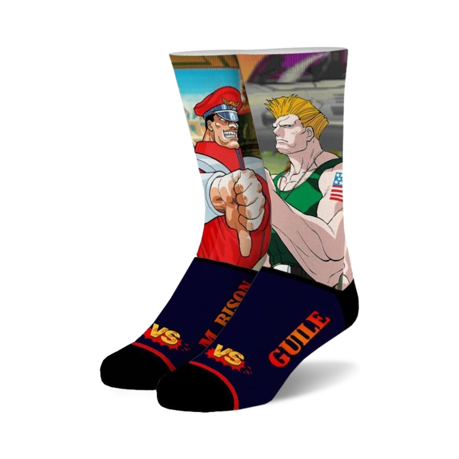 Crew socks showcasing Street Fighter's M. Bison and Guile in vibrant red, green, and navy blue.  Pixel art design with the characters facing off.